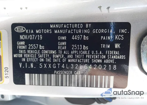 2020 Kia Optima Lx из США, поврежденный, VIN 5XXGT4L32LG420218